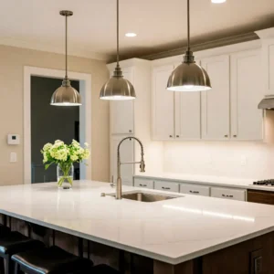 Kitchen island with pendant lights and quartz countertop