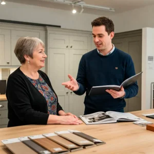 Bristol kitchen designer consulting with a client in a showroom